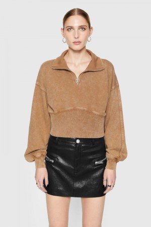 Rebecca Minkoff Winnie Acid-Wash Quarter Zip Donna Top Marroni Lavaggio | KENZR-6124